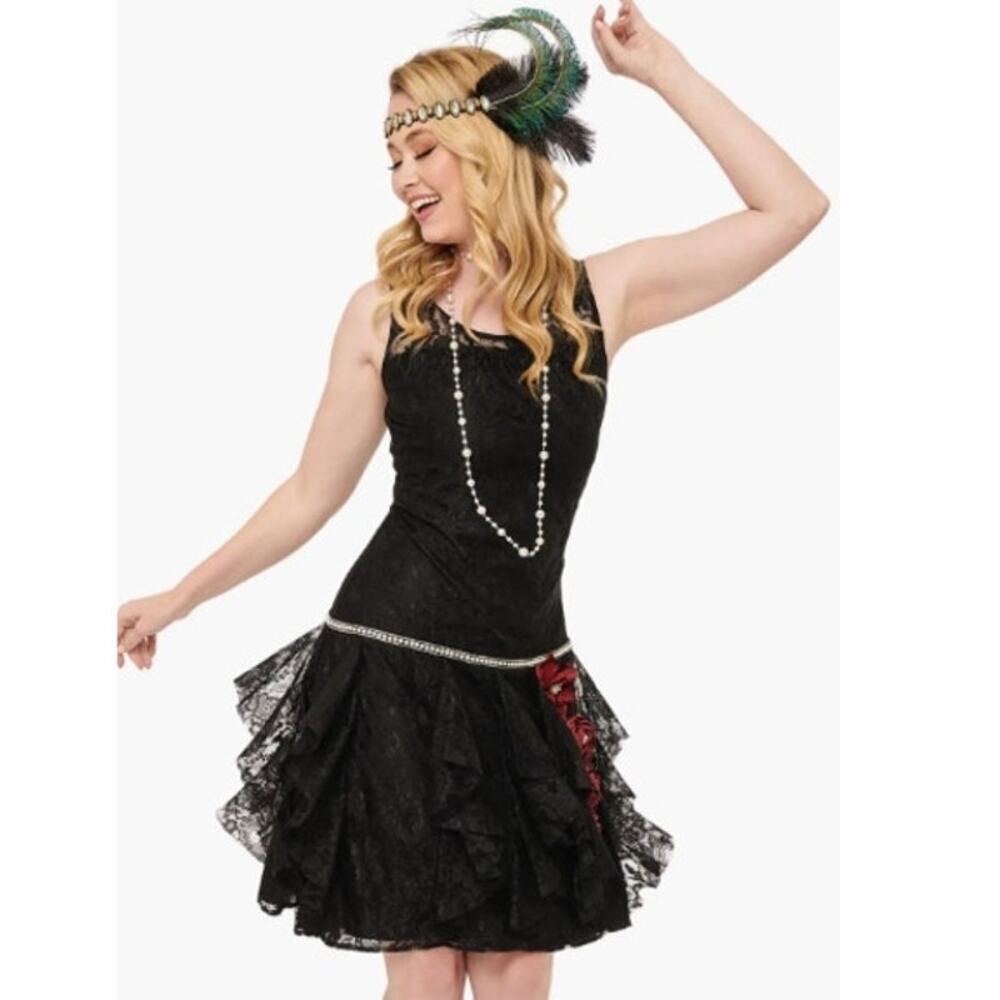 Unique Vintage Black Lace & Red Flowers Ruffle Flapper Dress 1920S Sz1X # 30
